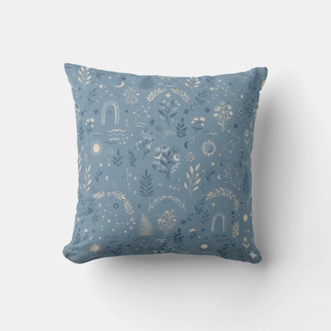 Almofada Azul Poeirento Botânico Celestial Boho (Frente)