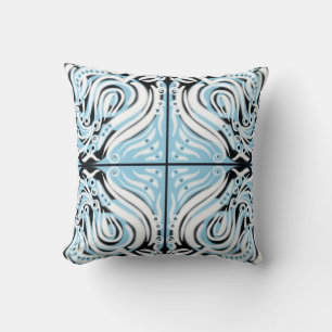 Almofada Azul Preto Branco Curly Padrão Abstrato