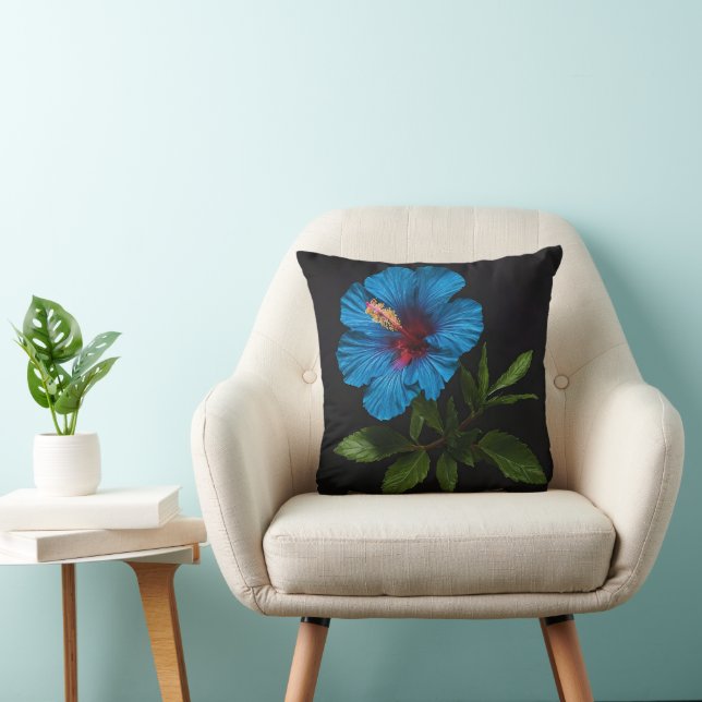 Almofada "Azul Radiante: Flor Hibiscus Contra Preto (Cadeira)