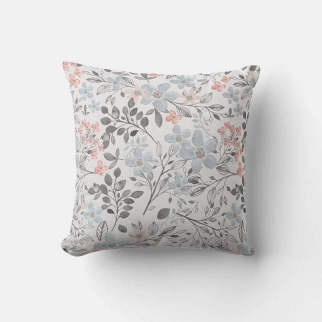 Almofada Azul Rosa Cinza Floral Botânico Flores Folhas (Frente)