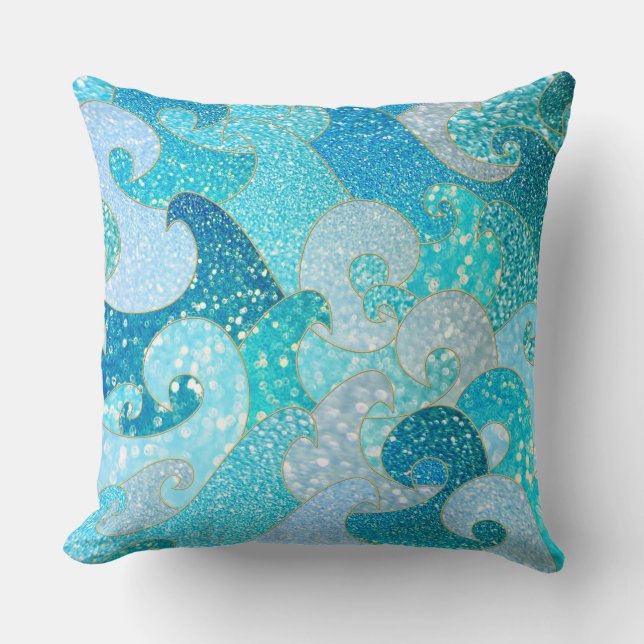 Almofada Azul Sereia Faux Glitter Sea- Teal Dourado Oceano (Frente)