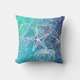 Almofada Azul Teal Aqua Starfish Seasheles Sealife Coral
