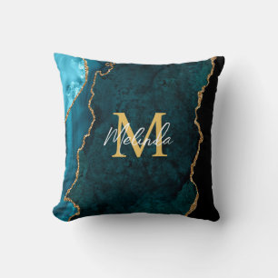 Almofada Azul Teal e Agato Marble Dourado