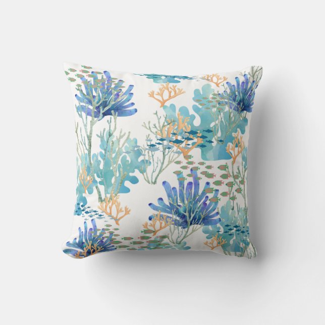 Almofada Azul-Teal Laranja-Coral Recifes Peixes Costeiros (Frente)