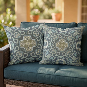 Almofada Azul Teal Ocre Mostarda Verde Arte Tribal Oriental