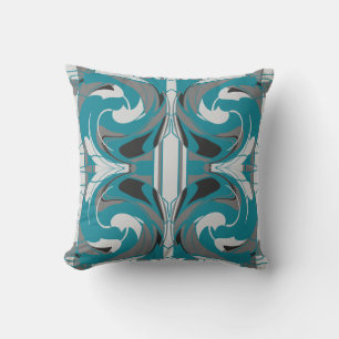 Almofada Azul Teal Telhas Grandes Florais Brancas Cinzas
