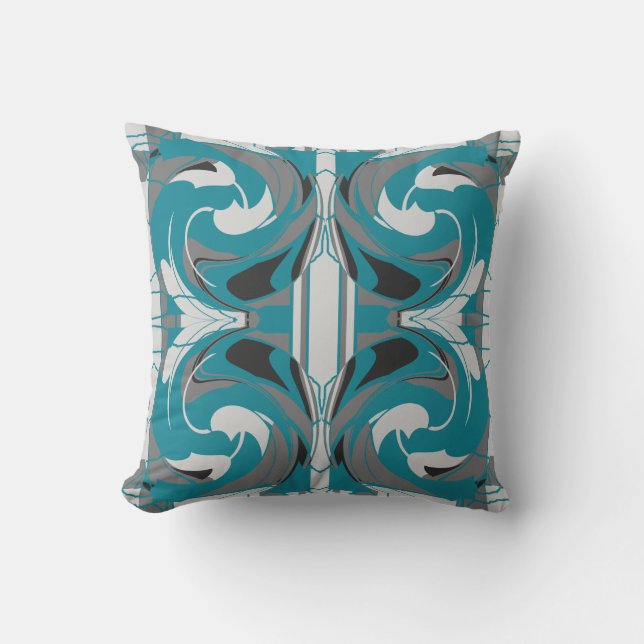 Almofada Azul Teal Telhas Grandes Florais Brancas Cinzas (Frente)