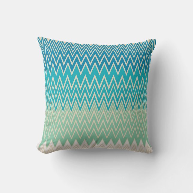 Almofada Azul Teal, Turquesa e Zigzags Verdes (Frente)