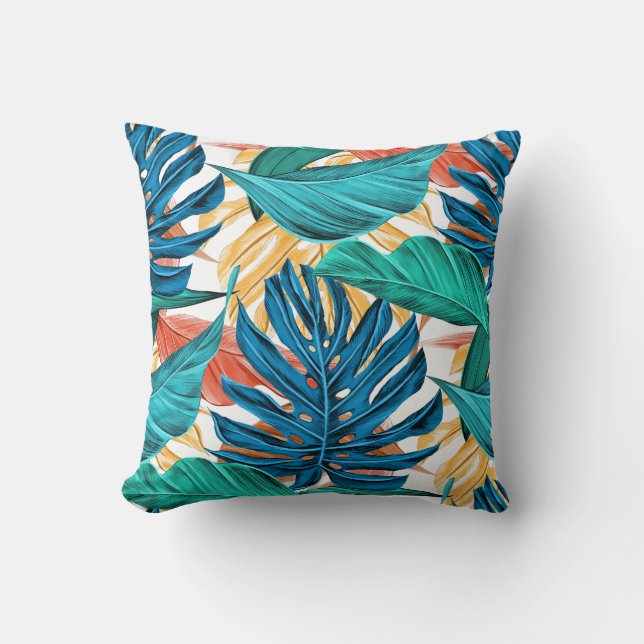 Almofada Azul Tropical folhas amarelas  (Frente)