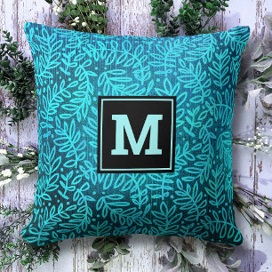 Almofada Azul-turquesa moderno com folha floral monograma