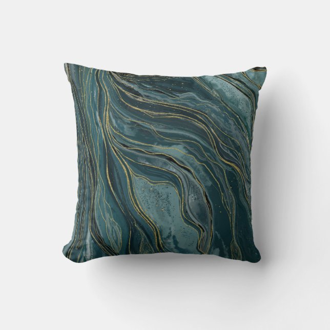 Almofada Azul Turquesa Verde Dourado Ondas Abstratas de Aqu (Frente)