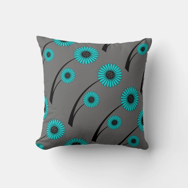 Almofada Azul Verde Cinza Preto Floral Flores (Frente)