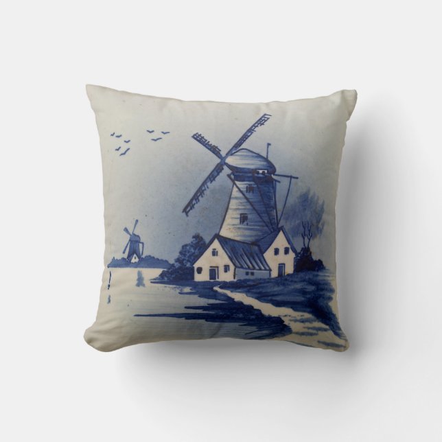 Almofada Azul Vintage Delft Moinho de Vento Branco (Frente)
