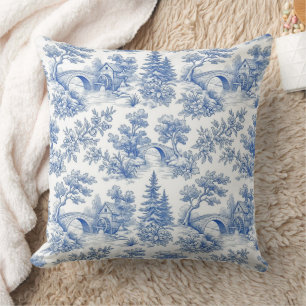 Almofada Azul Vintage Toile Francesa Paisagem Florestal