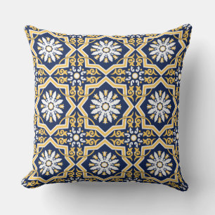 Almofada Azulejo arabesque branco-dourado-azul intricista m