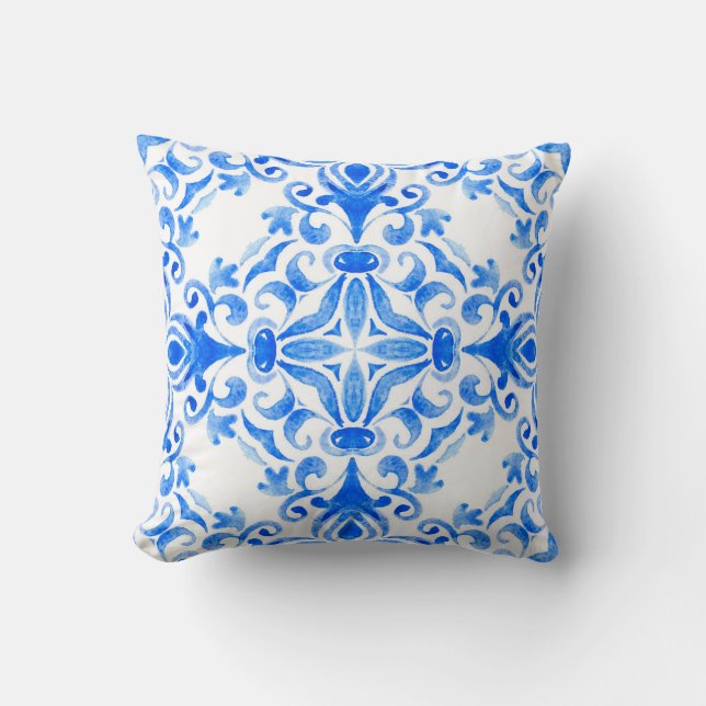 Almofada azulejo azul-abstrato e branco desenhado à mão sem (Frente)