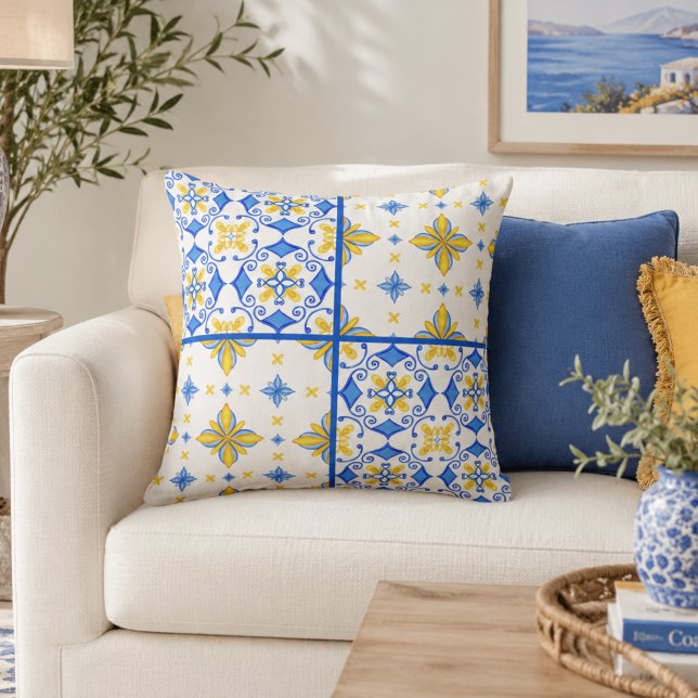 Almofada Azulejo Azul Amarelo Patchwork Mediterrâneo  (Criador carregado)