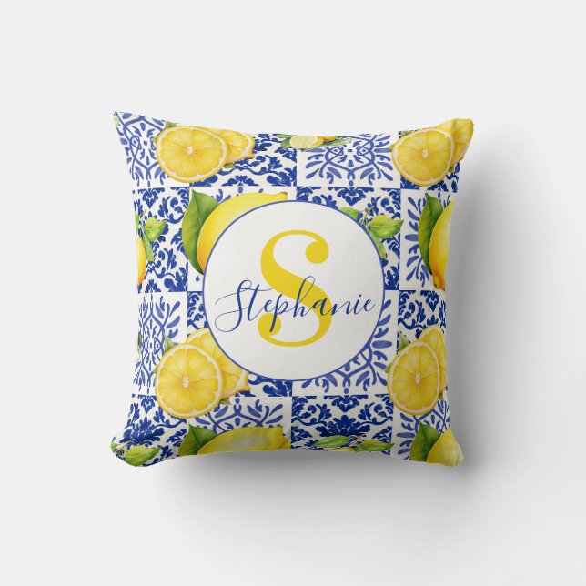 Almofada Azulejo Azul Branco com Limão Padrão Monograma Nom (Frente)