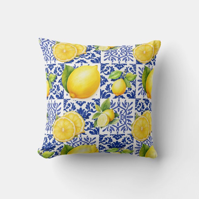 Almofada Azulejo Azul Branco com Padrão de Limão Mediterrân (Frente)