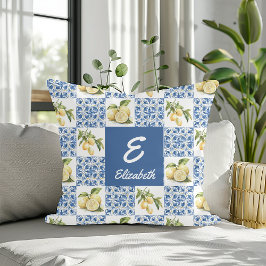 Almofada Azulejo Azul Francês Country Limão Monograma Nome