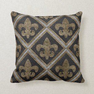 Almofada azulejo de fleur-de-lis, preto e dourado
