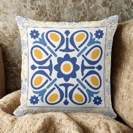 Almofada Azulejo Floral Azul e Dourado do Mediterrâneo clás
