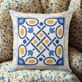Almofada Azulejo Floral Dourado e Azul do Mediterrâneo Vint