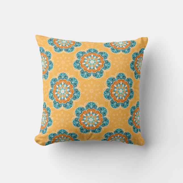 Almofada Azulejo Floral Mandala em Laranja e Teal (Frente)