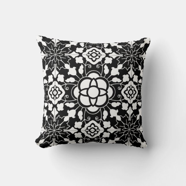Almofada Azulejo Floral marroquino, Preto e Branco (Frente)