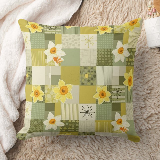 Almofada Azulejo Floral Oliva Daffodil - Meados do Século (Cobertor)