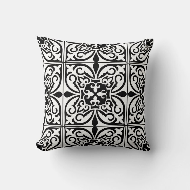 Almofada Azulejo marroquino - branco com fundo preto (Frente)