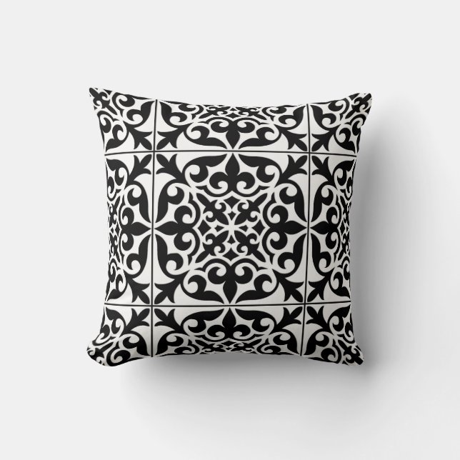 Almofada Azulejo marroquino - branco com fundo preto (Frente)