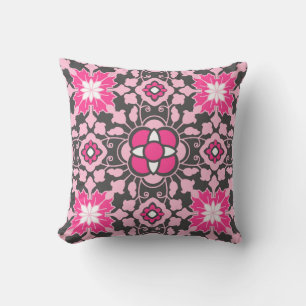 Almofada Azulejo Marroquino Floral, Rosa Fúcsia e Cinza