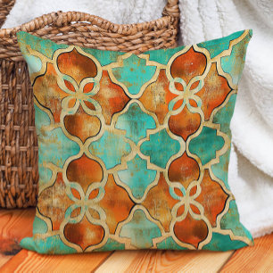 Almofada Azulejo Marroquino Laranja Queimado Turquesa Boho