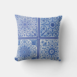 Almofada Azulejo Mediterrâneo Azul Branco Padrão Botânico