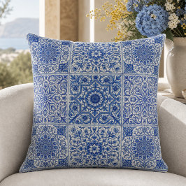 Almofada Azulejo Mediterrâneo Azul Branco Padrão Botânico