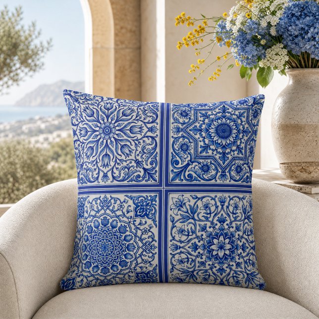 Almofada Azulejo Mediterrâneo Azul Branco Padrão Botânico (Criador carregado)