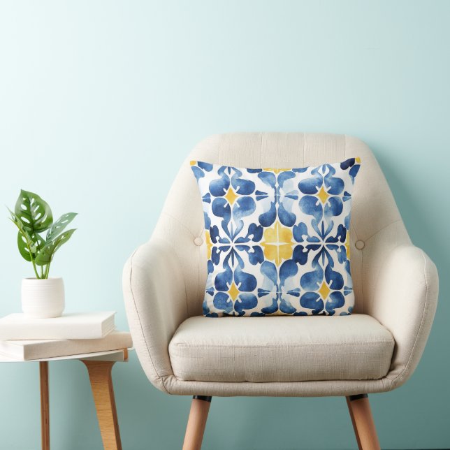 Almofada Azulejo Mediterrâneo Azul e Amarelo – Costeiro Mod (Cadeira)