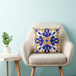 Almofada Azulejo Quadrado Marrocos Amarelo Azul Padrão Boêm