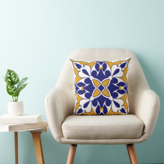 Almofada Azulejo Quadrado Marrocos Amarelo Azul Padrão Boêm