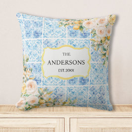 Almofada Azulejos Azuis Mediterrâneos Flor Limão Nome da Fa