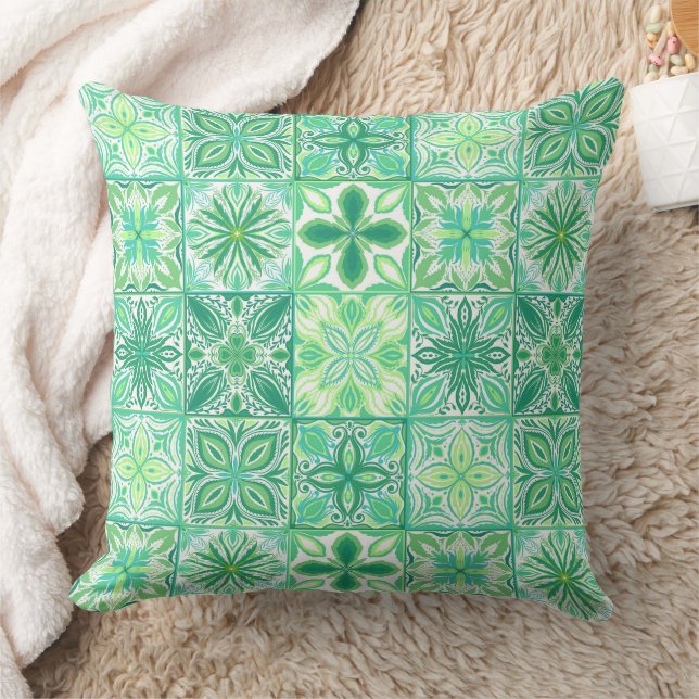 Almofada azulejos ornamentados em verde e branco (Cobertor)
