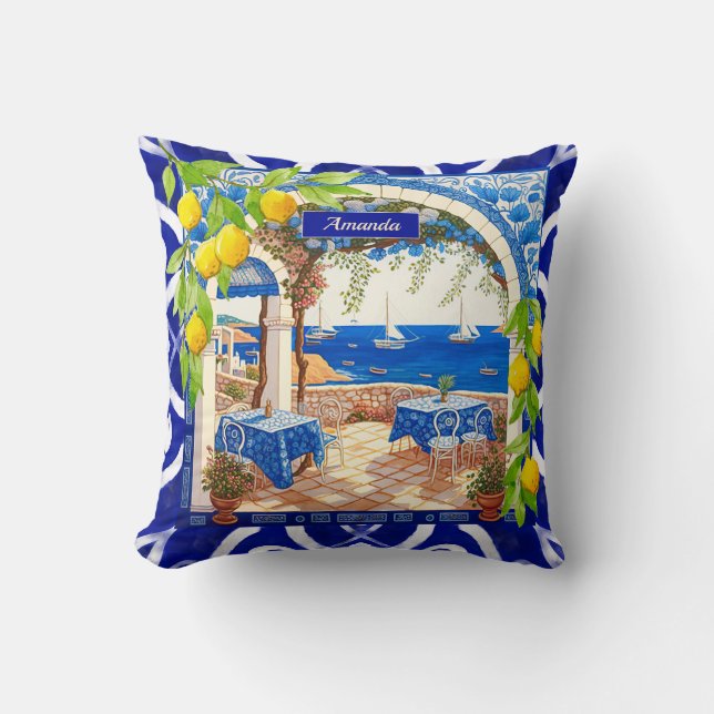 Almofada Azulejos sicilianos mediterrâneos de cor azul com  (Frente)