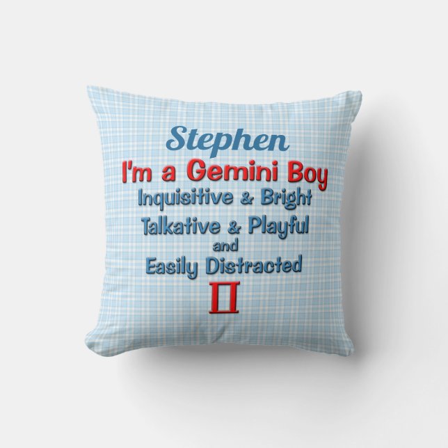 Almofada Baby Boy Gemini Zodiac Blue e Red Check Name (Frente)