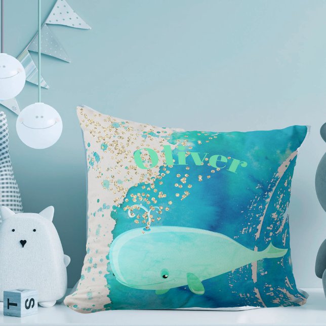 Almofada Baby Nursery Whale Sparkle Blue Náutico Pessoal (Criador carregado)