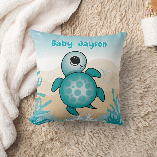 Almofada Baby Sea Turtle Birth Stats Throw Pillow (Cobertor)