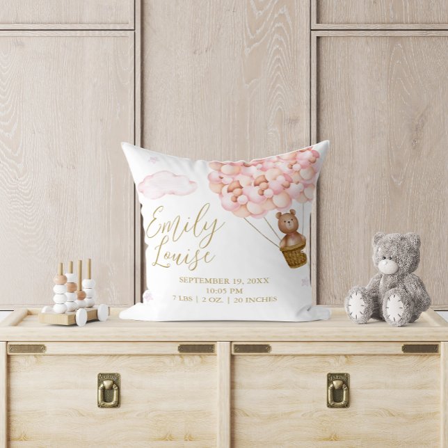 Almofada Balões de Bebê Rosa Teddy Bear Balões Nascentes (Teddy Bear Pink Balloons Baby Girl Birth Stats Throw Pillow)