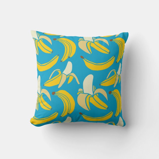 Almofada Bananas amarelas, padrão de fundo azul (Frente)