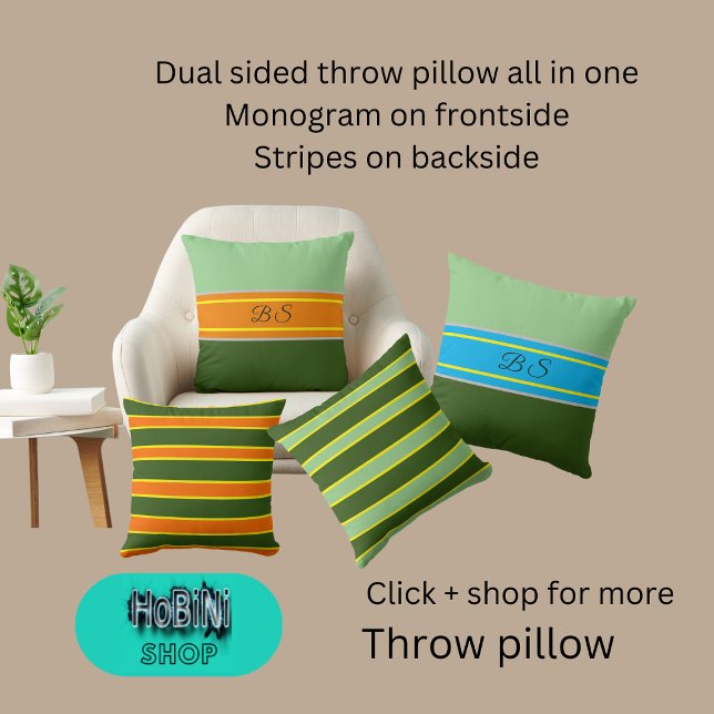 Almofada banda monográfica verde-alaranjada de lado duplo (Dual sided throw pillow all in one
Monogram on frontside
Stripes on backside)