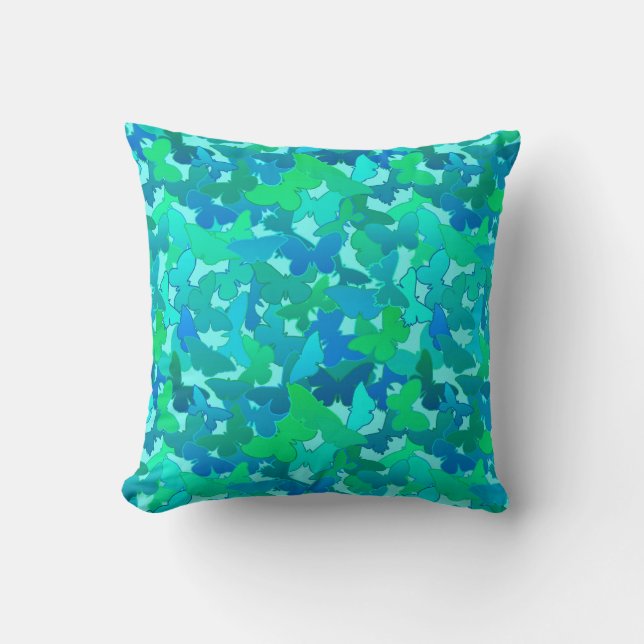 Almofada Bando de Borboletas, Turquesa, Aqua e Azul-Céu (Frente)